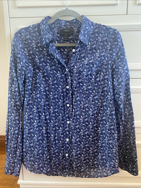 J. Crew Tops - J. Crew Women’s Navy Novelty Bird Print Button-Down Silk Blend Boy Shirt Size 6